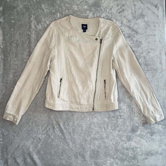 Gap Linen Biker Jacket Womens Large Khaki Tan Beige Full Zip Taupe Lightweight - Picture 1 of 10
